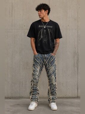 ReHype Frayed Panel Distressed Jeans 30x30 Blue Denim Grunge Y2K Straight Leg